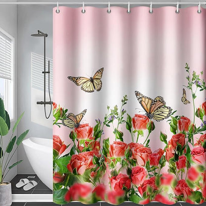 AILONEN Butterfly Shower Curtain for Bathroom, Red Flower Bath Curtain,Flying Butterfly Bathroom Curtain,Polyester Waterproof Bathroom Decor Curtain with 12 Plastic Hooks(60" W*72" H)