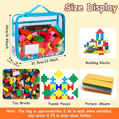 4 Pack Toy Storage Organizer Bag for Lego Bricks, Clear PVC Zippered Blocks Set with Manual Pocket& Name Tag, Waterproof Toy Carrying Case for Board Games& Building Blocks (Large, Colorful)
