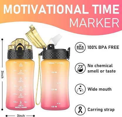 GOPPUS Kids Water Bottle with Straw Spout Lid 10pcs Stickers 12 oz Leak-proof BPA Free Motivational Time Marker Tritan Plastic Water Bottles for Girls Boys School Sports