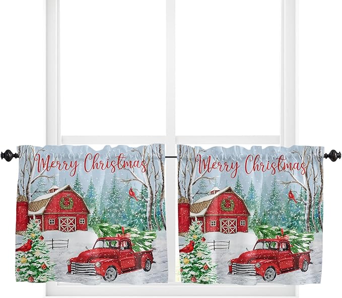 Red Truck Christmas Kitchen Curtains and Valances Set, Merry Christmas Farmhouse Windows Treatments Tiers Half/Short Curtains for Small Windows Cafe /Living Room/ Bedroom 54x36 in Winter Xmas Tree