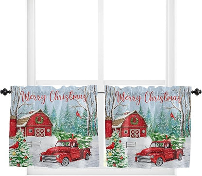Red Truck Christmas Kitchen Curtains and Valances Set, Merry Christmas Farmhouse Windows Treatments Tiers Half/Short Curtains for Small Windows Cafe /Living Room/ Bedroom 54x24 in Winter Xmas Tree