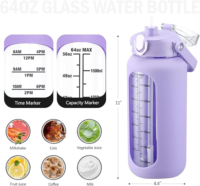 64 oz Glass Water Bottle with Straw and 2 Lids, Half Gallon Water Bottle with Sleeve, Large Insulated 2 Liter Glass Water Jug Time Marker with Handle - Purple