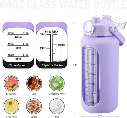 64 oz Glass Water Bottle with Straw and 2 Lids, Half Gallon Water Bottle with Sleeve, Large Insulated 2 Liter Glass Water Jug Time Marker with Handle - Purple
