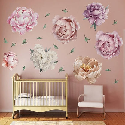 9 Pieces Large Peony Watercolor Wall Decals Peel and Stick, Oppro Big Size Floral Peonies Blossom Colorful Flower Leaves Wall Stickers Decor for Living Room Bedroom Kids Room Decoration, Pink Purple