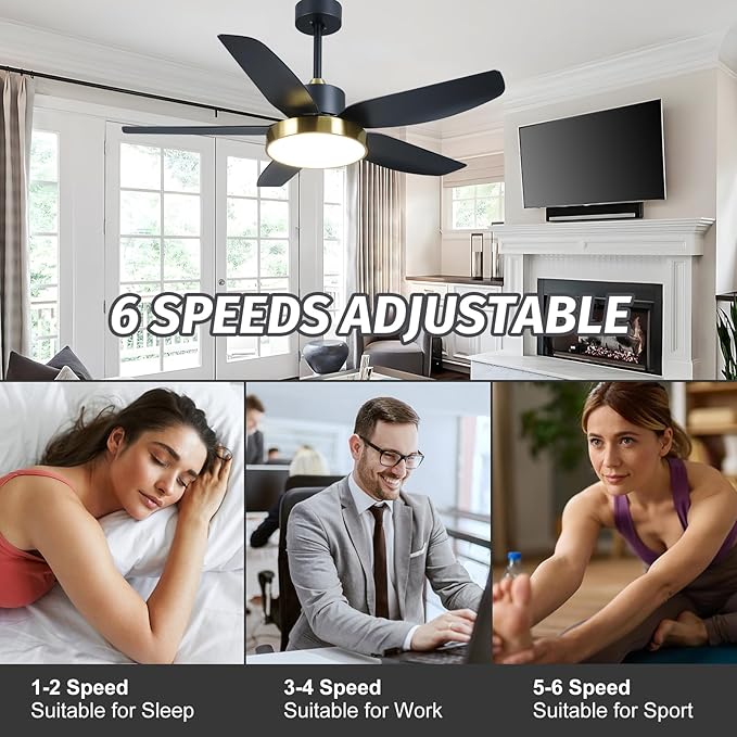 Modern Ceiling Fan with Light and Remote Control,46''Ceiling Fan with 3 Color Lights,Memory Function,5 Blades,6 Speeds,Outdoor Fan and Light for Living Room,Bedroom,Kitchen,Black Gold