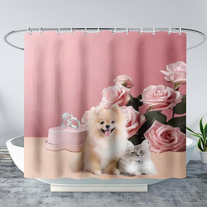 AILONEN Girls Pink Shower Curtain for Bathroom, Rose Flower and Cute Kawaii Dog Cat Pattern Bathroom Decor 72" W*78" H Bath Curtain Polyester Waterproof Shower Curtain with 12 Hooks