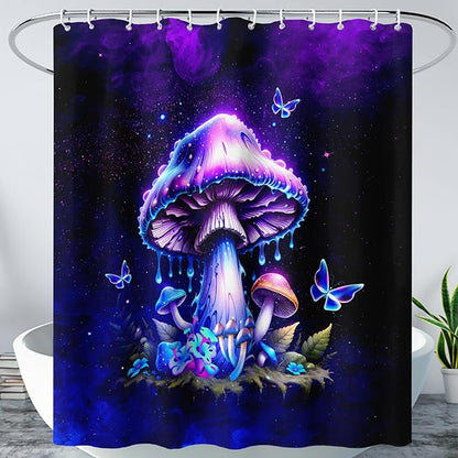 AILONEN Magic Mushroom Shower Curtain,Blue Butterfly Waterproof Fabric Bath Curtain for Kids Girl,Boho Style Shower Curtain Set for Bathroom,Natural Fungal Shower Curtain with Hooks 72" W*78" H