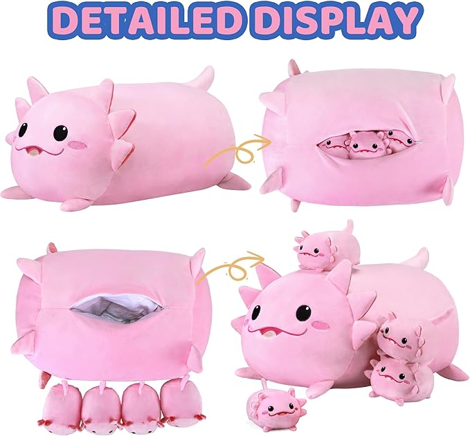 Axolotl Plush Cute Axolotl Stuffed Animal with 4 Baby Soft Pillow Valentine's Day, Birthday Gift for Girls Boys Kids Decor