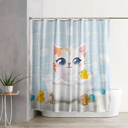 AILONEN Cartoon Bathtub Cat Shower Curtain for Kids 48" W*72" H Kawaii Shower Kitten and Duck Shower Curtain,Polyester Waterproof Fabric Decor for Bathroom Bathtub Panels
