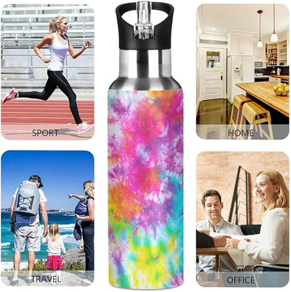 22 OZ Colorful Tie Dye Pattern Water Bottle with Straw - BPA Free Leakproof Stainless Steel Water Bottle for Women Men Water Jug for Fitness Gym Outdoor Sport