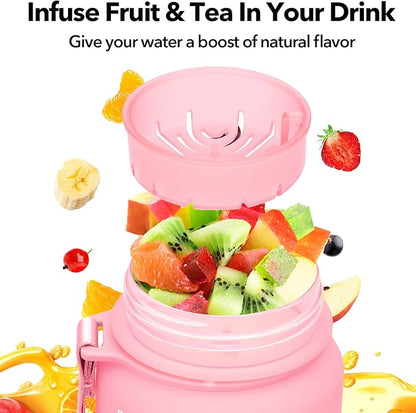 32oz/26oz Motivational Water Bottle with Time Marker & Fruit Strainer, Leak-proof BPA Free Non-Toxic 1l Bottle with Carrying Strap, Perfect for Fitness, Gym and Outdoor Sports, Plastic