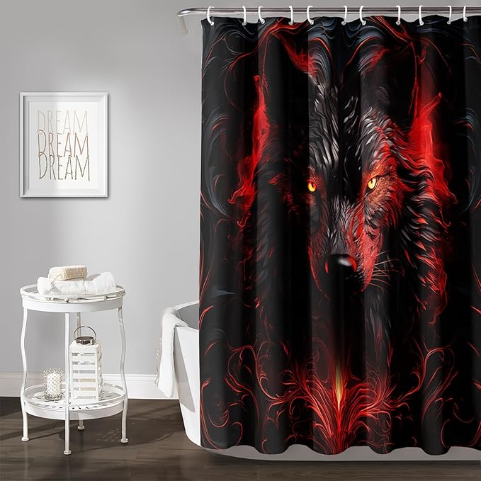 AILONEN 3D Black Wolf Shower Curtain Set,Fire Wolf Head Bathroom Curtain for Kids Girls Boys,Boho Style Shower Curtain,Wild Animal Shower Curtains for Bathroom Decor, 72" W*78" H