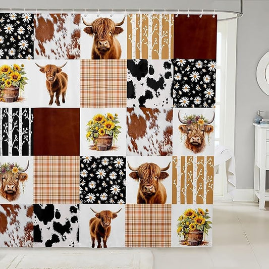 Feelyou Highland Cow Shower Curtain 72"x72" Kids Cowboy Cow Fur Bathroom Shower Curtain Set for Boys Girls Teens Farm Geometric Stripes Bath Curtain Daisy Sunflower Bathroom Accessories