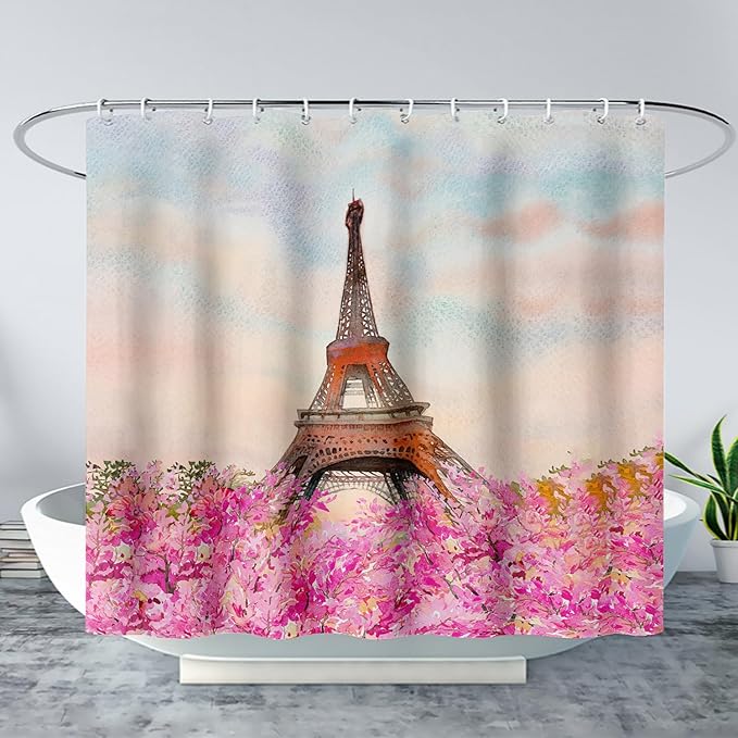 AILONEN Paris Tower Shower Curtain,Romantic Tower Theme Waterproof Fabric Shower Curtain Set for Girls Kids Teens, 72" W*78" H Pink Flowers Dreamy Eiffel Tower Shower Curtain