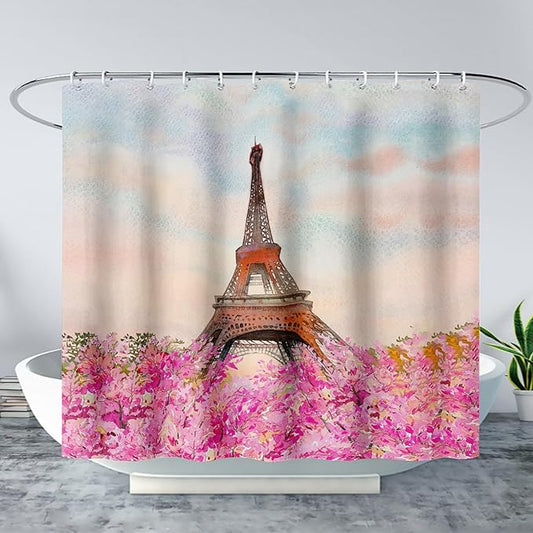 AILONEN Paris Tower Shower Curtain,Romantic Tower Theme Waterproof Fabric Shower Curtain Set for Girls Kids Teens, 72" W*84" H Pink Flowers Dreamy Eiffel Tower Shower Curtain