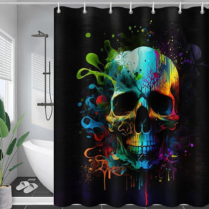 AILONEN Sugar Skull Shower Curtain for Bathroom,Watercolor Skull Bath Curtain Decoration,Minimalism Tie Dye Skeleton Print Waterproof Black Curtain with 12 Plastic Hooks, 60" W*72" H