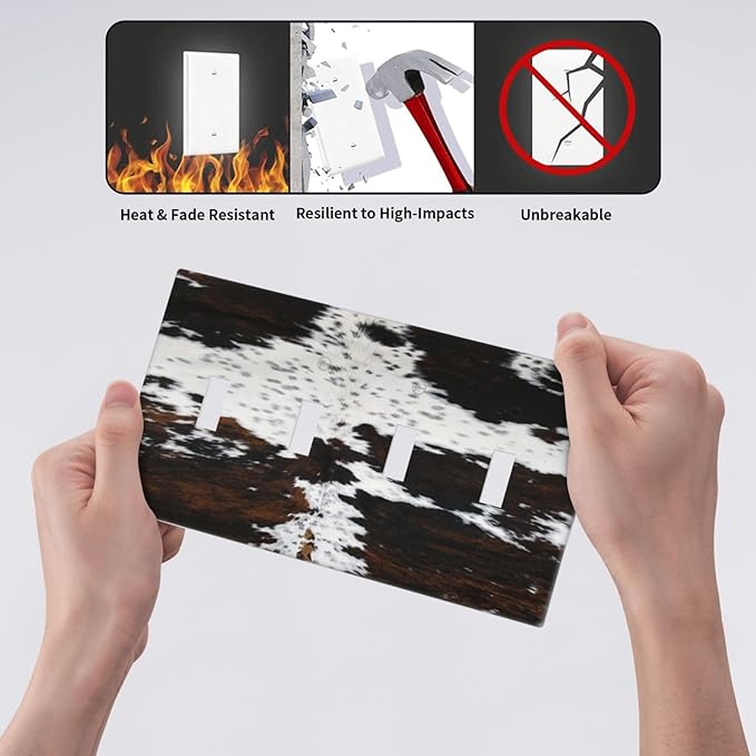 Western Farm Highland Cow Cowhide Quad Toggle Light Switch Cover Decorative 4 Gang Wall Plate Electrical Faceplate Switchplate for Farmhouse Bathroom Bedroom Living Room Decor