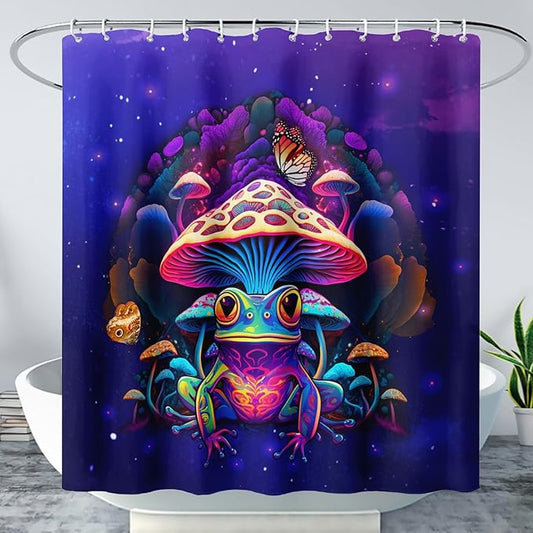 AILONEN Colorful Frog Shower Curtains,Poisonous Mushroom Printed Bath Curtains for Kids,Purple Polyester Waterproof for Bathroom,72" W*72" H with 12 Plastic Hooks