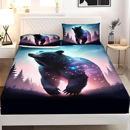AILONEN Bear Fitted Sheet Set Queen Size, Evening Starry Sky Forest Bear Bed Sheet Set Decor,Animal Bear Wildlife Fitted Sheet and 2 Pillowcases,3 Pieces