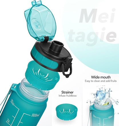 32oz Motivational Water Bottle with Time Marker & Fruit Strainer, Leak-proof BPA Free Non-Toxic Bottle with Carrying Strap, Perfect for Fitness, Gym and Outdoor Sports