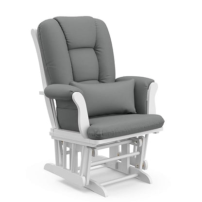 Storkcraft Tuscany Custom Glider and Ottoman with Free Lumbar Pillow (White/Grey) - Cleanable Upholstered Comfort Rocking Nursery Chair with Ottoman