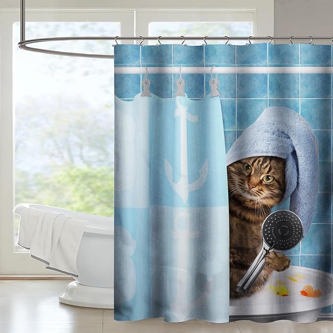 AILONEN Funny Cat Shower Curtain for Kids 36" W*72" H Inch,Cute Kitten Taking Shower Bathroom Curtain,12 Pack Hooks Polyester Waterproof Fabric Decor for Bathroom,Blue