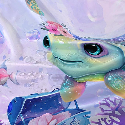 AILONEN Kawaii Sea Turtle Shower Curtain,Tie Die Ocean Animal Themed Bath Curtain Cloth Fabric Bathroom 60" W*72" H Inch,12 Pack Hooks for Kids,Sea Animal with Treasure Box Bathroom Curtain