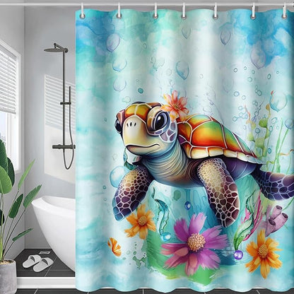 AILONEN Cute Sea Turtle Shower Curtain,Boys Kids Ocean Turtle Bath Curtain with 12 Plastic Hooks,Watercolor Sea Turtle Decorative Waterproof Curtain 72" W*96" H