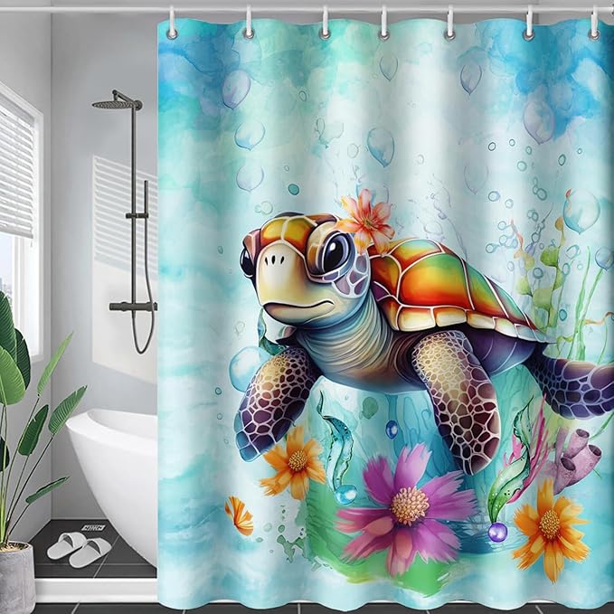 AILONEN Cute Sea Turtle Shower Curtain,Boys Kids Ocean Turtle Bath Curtain with 12 Plastic Hooks,Watercolor Sea Turtle Decorative Waterproof Curtain 72" W*78" H