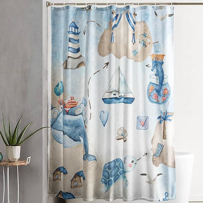 AILONEN Cartoon Dolphin Hower Curtain,Cute Sea Turtle Shower Curtain for Bathroom,Nautical Theme Bath Curtain,Watercolor Blue Waterproof Fabric Shower Curtain Set for Kids Girls,Boys,72" W*96" H