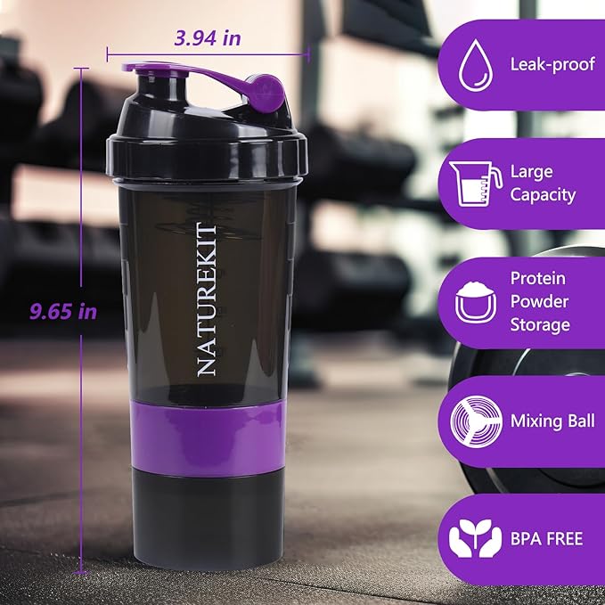 Shaker Bottle,Protein Shaker with Powder Storage Container 18oz, Leak Proof ，Gym Bottle Portable Pre Workout for Mix & Drink Shakes & Smoothies,Dishwasher Safe,Purple