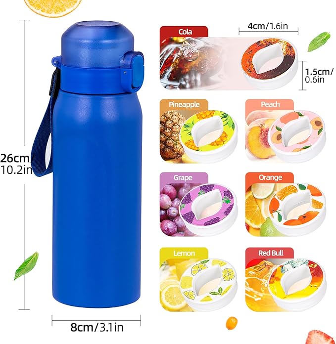 Air water bottle,750ML Air Water Bottle with 7 Flavor Pods, Stainless Steel Water Bottle with Straw, Sports Water Bottle Suitable for Outdoor Sport (Blue)