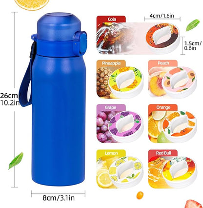 Air water bottle,750ML Air Water Bottle with 7 Flavor Pods, Stainless Steel Water Bottle with Straw, Sports Water Bottle Suitable for Outdoor Sport (Blue)