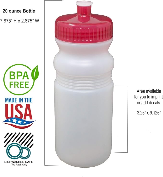 Rolling Sands 20 Ounce Sports Water Bottles 24 Pack, BPA-Free, Made in USA, Dishwasher Safe, Clear Frost Bottles/Red Lids