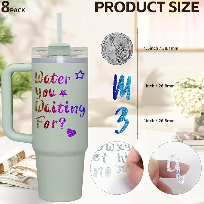 Vinyl Letter Stickers for Stanley Cups, 8 Packs Shiny Personalized Letters Tags Self Adhesive Waterproof Cute Alphabet Number Sticker for Kids Teens Adults Water Bottle Laptop Luggage