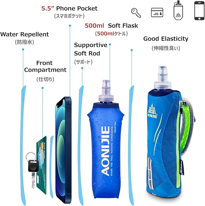 Azarxis Handheld Water Bottle and Phone Case for Running/Walking, Quick Grip Handheld Soft Flask 17oz with Hand Strap Hydration Pack for Runners and Athletes (Black)