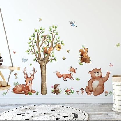 Animal Wall Decals Vinyl Butterfly Mushroom Wall Stickers, Removable Kids Toddler Jungle Forest Wall Murals Peel and Stick Flower Wall Art Decor Wallpaper for Bedroom Nursery Playroom