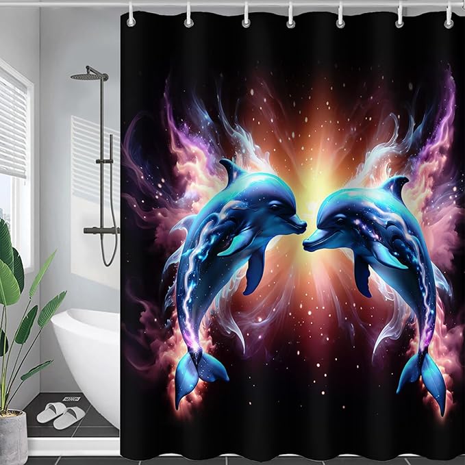 AILONEN 3D Dolphin Shower Curtain for Bathroom, Cute Kawaii Blue Ocean Dolphin Bath Curtain,Fantasy Smoky Print Black Curtain Waterproof with 12 Plastic Hooks for Boys Girls 72" W*84" H