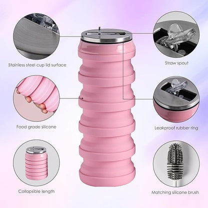 BeHeSo Collapsible Water Bottles with Silicone Brush - Straw Silicone Foldable Water Bottle Reusable Camping Cup Leak Proof Portable Travel Sport Water Bottle-500ml/17oz (Pink)