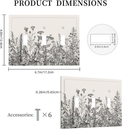 Vintage Grey Floral Herbs Wild Flowers Botanical 3 Gang Boho Light Switch Covers Decorative Country Unique Triple Toggle Wall Plate Electrical Faceplate Switchplate for Bathroom Bedroom