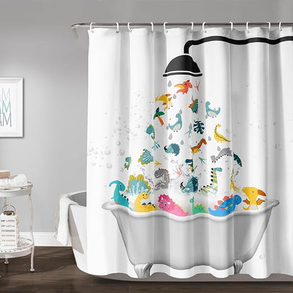 AILONEN Cute Dinosaur Shower Curtain for Kids 72" W*96" H Inch,Funny Dinosaur Animals Playing Water Shower Curtains,12 Pack Hooks Polyester Waterproof Fabric Decor for Bathroom Bathtub Panels
