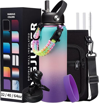 40oz Insulated Water Bottles with Straw and Paracord Handle, Metal Flask Bottle Keep Cold for Cold-48H Hot-24H, Double Vacuum Travel Thermo Mug with Carrying Pouch for Sports Hiking Cycling Running