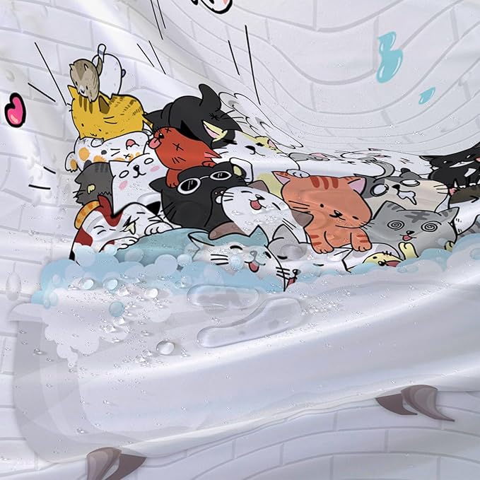 AILONEN Cute Cats Shower Curtain for Kids 72" W*78" H Inch,Kawaii Hilarious Funny Cat Pet Playing Water Shower Curtain,12 Pack Hooks Polyester Waterproof Fabric Decor for Bathroom Bathtub Panels