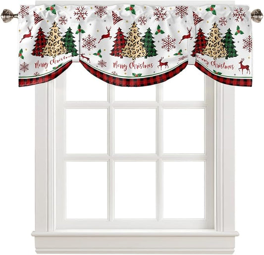 Merry Christmas Blackout Tie Up Valance Curtains for Kitchen Windows Farm Christmas Tree Buffalo Plaid Leopard Window Toppers Balloon Shades for Living Room/Bathroom/Bedroom,42" X 12" Holiday Decor