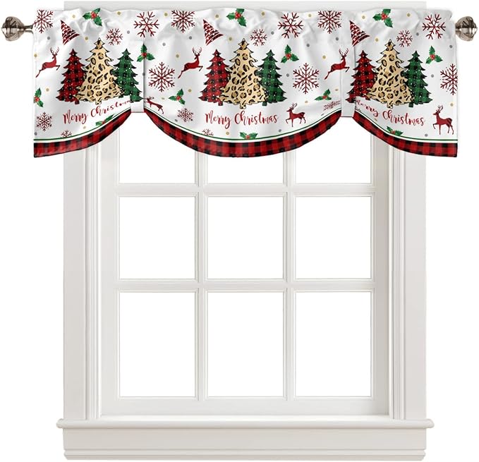 Merry Christmas Blackout Tie Up Valance Curtains for Kitchen Windows Farm Christmas Tree Buffalo Plaid Leopard Window Toppers Balloon Shades for Living Room/Bathroom/Bedroom,54" X 18" Holiday Decor