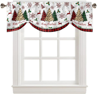 Merry Christmas Blackout Tie Up Valance Curtains for Kitchen Windows Farm Christmas Tree Buffalo Plaid Leopard Window Toppers Balloon Shades for Living Room/Bathroom/Bedroom,42" X 18" Holiday Decor