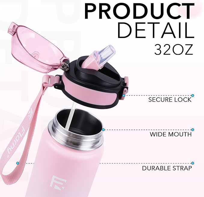 32 oz Insulated Water Bottle with Straw, Stainless Steel Metal Thermos Bottles, Durable Non-Slip Gradient Bottle with Strap for Sports and Travel, Leak Proof (Pink White)