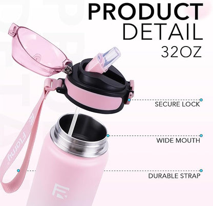 32 oz Insulated Water Bottle with Straw, Stainless Steel Metal Thermos Bottles, Durable Non-Slip Gradient Bottle with Strap for Sports and Travel, Leak Proof (Pink White)