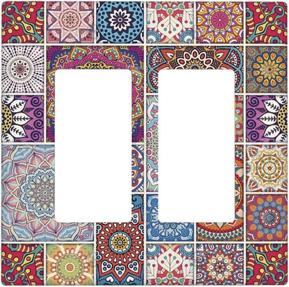 Morocco Talavera Mexican Tiles Printed Colroful Mandala 2 Gang Rocker Decora Light Switch Covers Dual Outlet Covers Wall Plate Decorative Switchplate Electrical Faceplate GFCI for Kitchen Bathroom