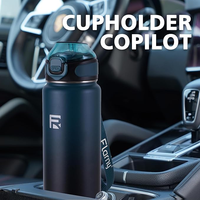 32 oz Insulated Water Bottle with Straw, Stainless Steel Metal Thermos Bottles, Durable Non-Slip Gradient Bottle with Strap for Sports and Travel, Leak Proof (Navy Blue Black)